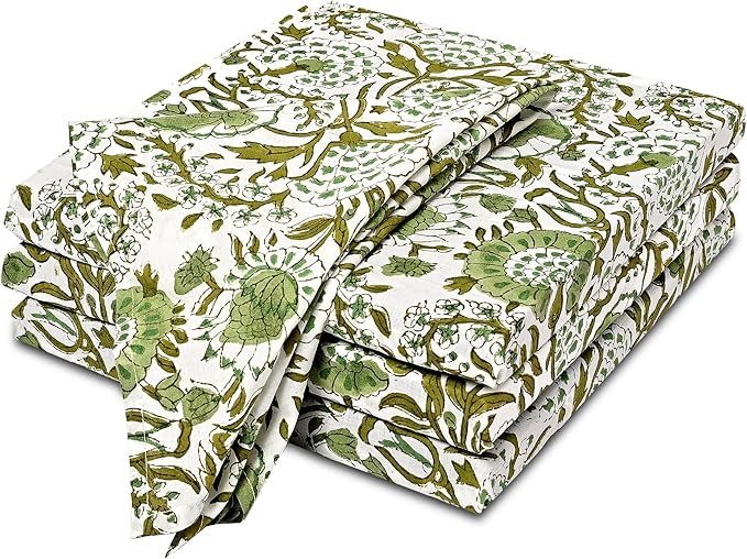 CPC Agate Green Indian Block Print Cotton Cloth Napkins Set of 4, 18x18 Reusable Everyday Napkins, Soft, Absorbent, Floral Dinner Napkin, Holiday, Party Gift, Spring,Mother's Day