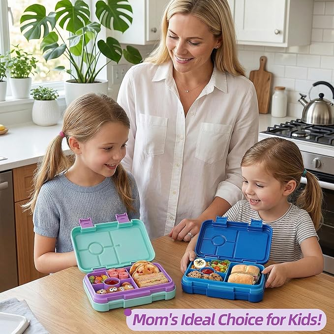 Bento Lunch Box for Kids, 6 Compartments BPA Free, Dishwasher Safe Back to School Snack Bento Lunch Containers Boxes, Ideal Portion Sizes for On-the-Go Meal, Ages 3+, School, Green Patterned