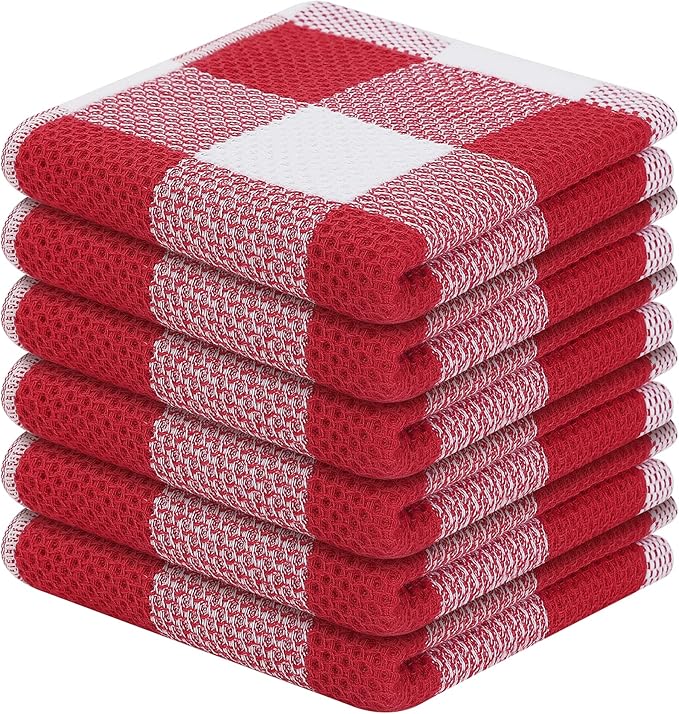 Homaxy 100% Cotton Waffle Weave Check Plaid Dish Cloths, 12 x 12 Inches, Super Soft and Absorbent Dish Towels Quick Drying Dish Rags, 6-Pack, White & Red