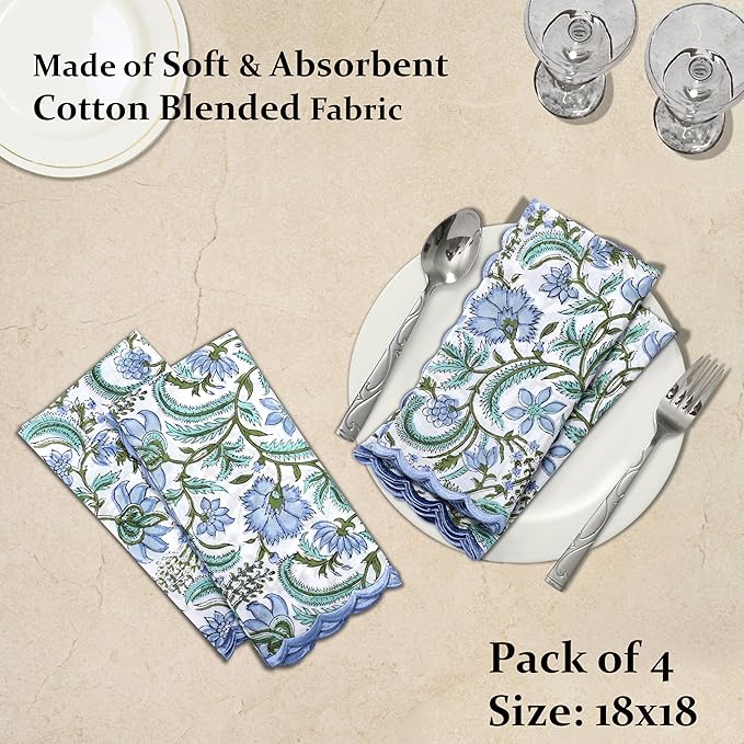 Ridhi Hand Block Print Columbia Blue 18" x 18" (Set of 4) Embroidery Table Napkins Reusable Cotton Dinner Napkins for Weddings, Parties, Everyday Dining Gift for Spring, Easter, Valentine
