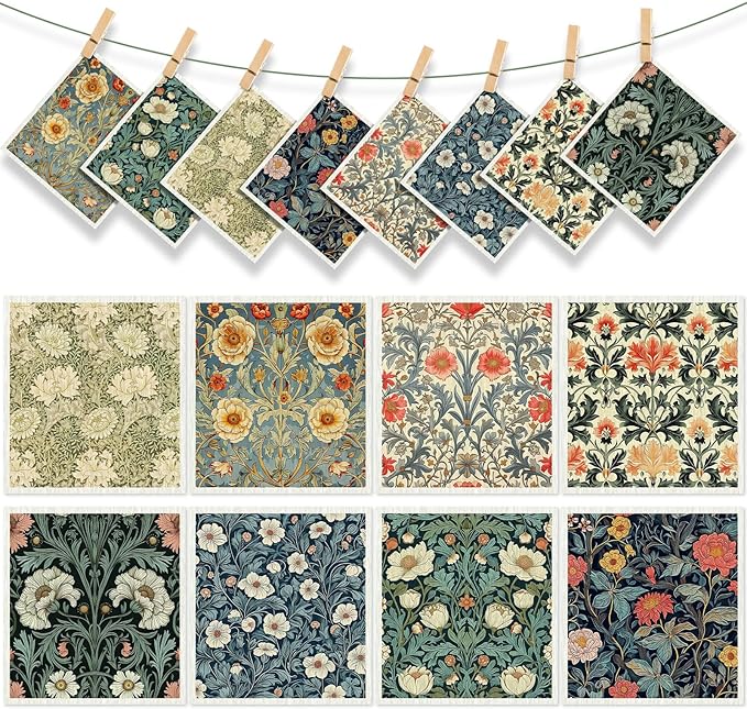 Tegeme 8 Pcs William Morris Swedish Dishcloth Kitchen Vintage Floral Dish Towels Blue Green Flower Kitchen Dish Cloth Washable Absorbent Cotton Towels for Spring Summer Housewarming Gift, 6.8 x 7.7''