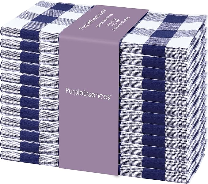 PurpleEssences Buffalo Plaid Cloth Napkins - Mitered Corners - Spring Easter Summer - Gingham Check Dinner Napkin - Set of 12-100% Cotton - 18x18 Inch - Reusable Washable - Blue and White