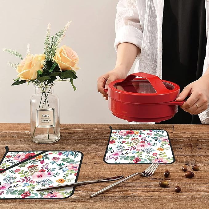 Watercolor Floral Flowers Pot Holders Set of 2 Kitchen Heat Resistant Potholder for Microwave Cooking Baking Oven End Dishes and BBQ