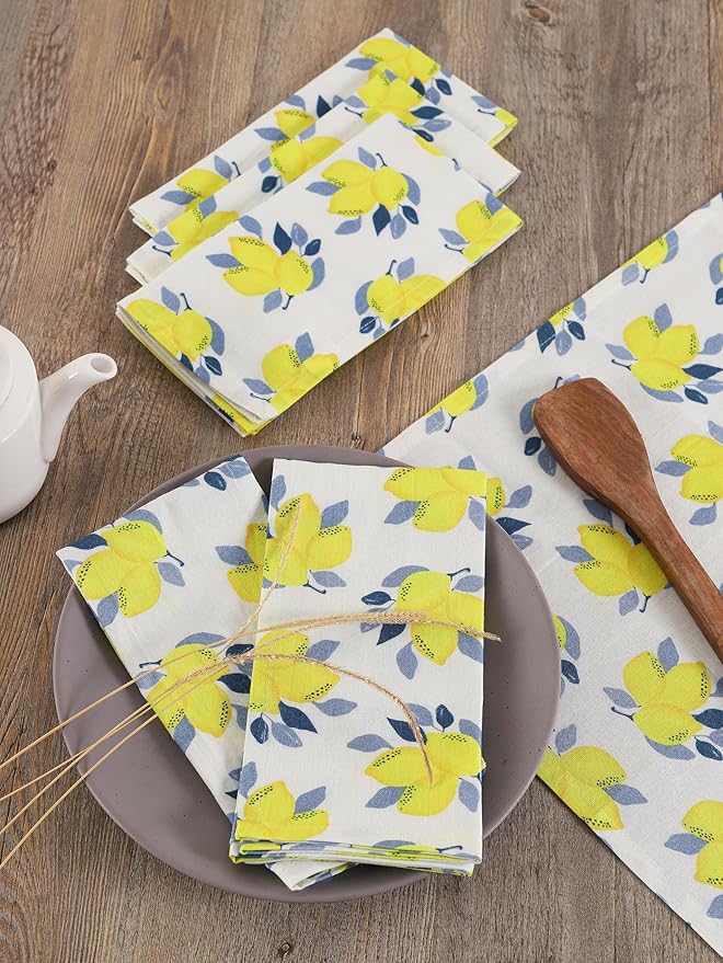 TARAN LIVING Printed Cotton Cloth Napkins Reusable Fall Dinner Napkin Set of 12 Reusable Machine Washable Fabric Best for Gift, House Party, Craft, Home Decor - Pack of 12, Lemon Print - 18x18 Inch