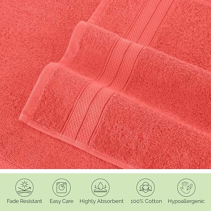 Elegant Comfort Luxury 6-Piece Towel Set, Premium Soft 100% Turkish Cotton, Three Line Popcorn Design 2 Bath Towels, 2 Hand Towels and 2 Washcloths Towel Set - Quick-Drying and Absorbent, Coral