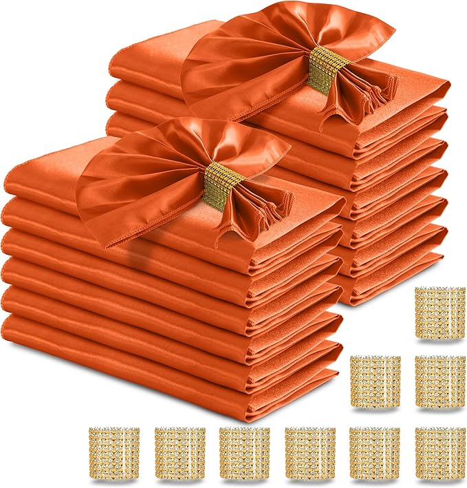 RUDONG M 100 Pcs Orange Satin Napkins and Napkin Rings Set, 17 x 17 Inch Square Cloth Napkins Set of 50, Silky Soft Table Napkins Bulk for Weddings, Banquet, Parties Dinner Decoration