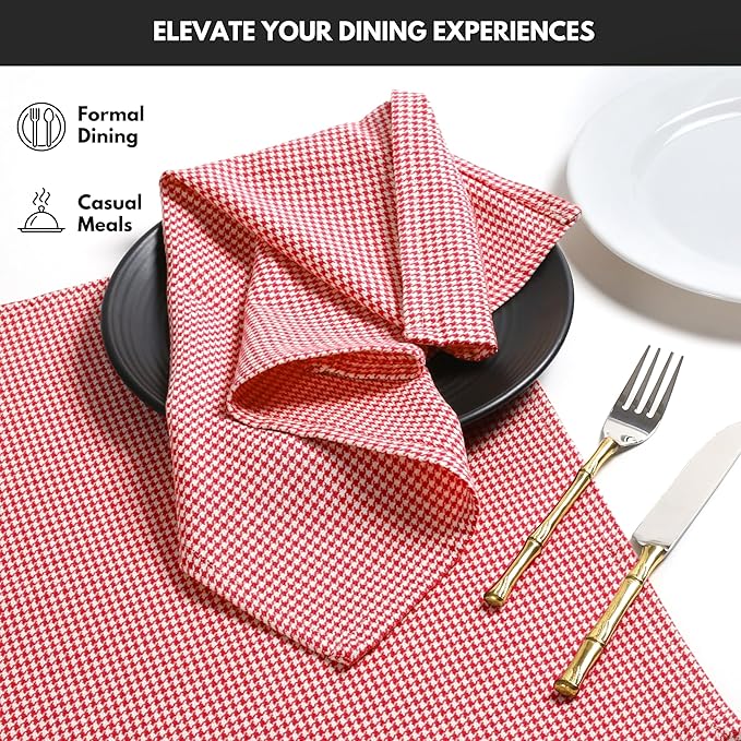 Napkins 100% Cotton Decorative Napkin Washable Houndstooth Check Cloth Napkins Set of 12 for Home, Wedding, Restaurant, Buffet Party & Camping - Red (18”X18”)