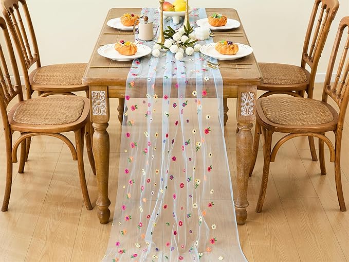 YATOJUZI Sky Blue Table Runner Embroidery Daisy Summer Floral Decorations Seasonal Tulle Dining Table Runners for Home Kitchen Decor Wedding Shower Party