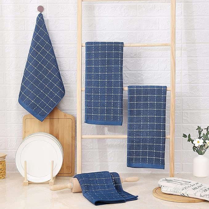 Homaxy 100% Cotton Terry Kitchen Towels(Navy Blue, 13 x 28 inches), Checkered Designed, Soft and Super Absorbent Dish Towels, 24 Pack