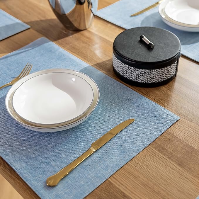 Demetex Placemats Set of 8 Heat Resistant Blue Placemats Soft Washable Linen Place Mats Table Mat for Dinner Gathering Banquet, 13x19 inch, Blue