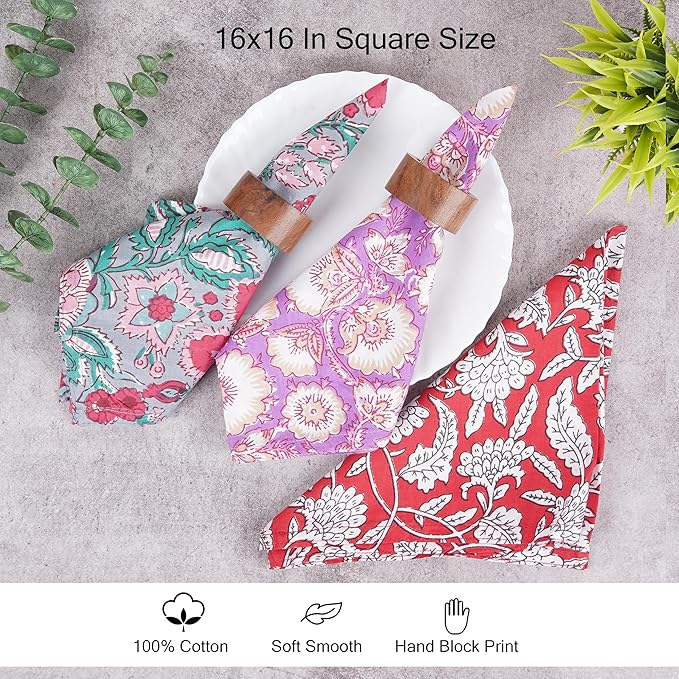 Cotton Marubhumi 10 Pc Cotton Cloth Napkins- Hand Block Print, Eco-Friendly, Dinner Napkins, Floral,Hand Made Size 16x16 Inch Printed Home Decor Multicolored