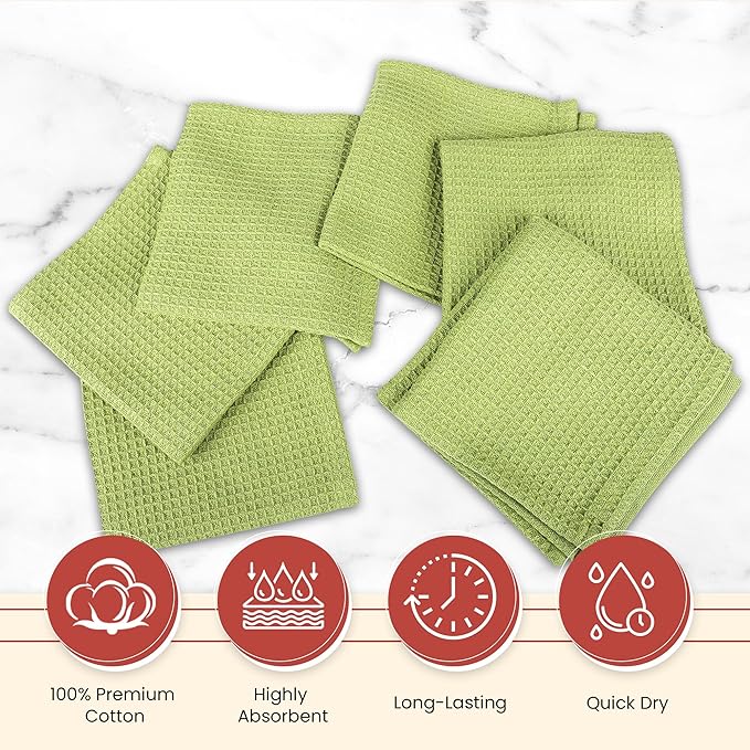Vintage Vista 100% Cotton Waffle Dish Cloths (Pack of 6) - Dish Rags for Washing Dishes - Reusable & Highly Absorbent Kitchen Towels - Kitchen Rags fo Easter - (12" x 12" - Light Green)