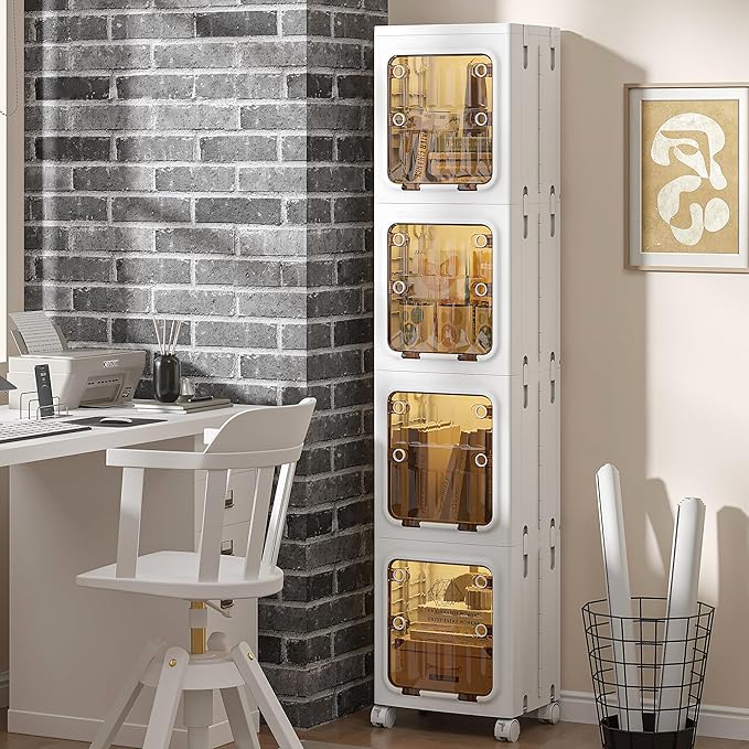 VECELO 188 QT Stackable Storage Bins with Lids, Tall Slim 4-Tier Organizer with Wheels, Lockable Clear Doors, Foldable Storage Cabinet for Kitchen, Bathroom, Laundry & Bedroom