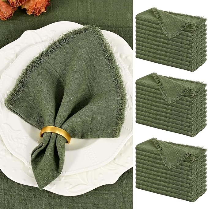Showgeous 30 Pack Olive Green Cloth Napkins with Fringe 16x16 inch 100% Cotton Green Napkins Handmade Dinner Napkins Bulk Washable Soft Rustic Table Napkins for Wedding Parties Bridal Baby Shower