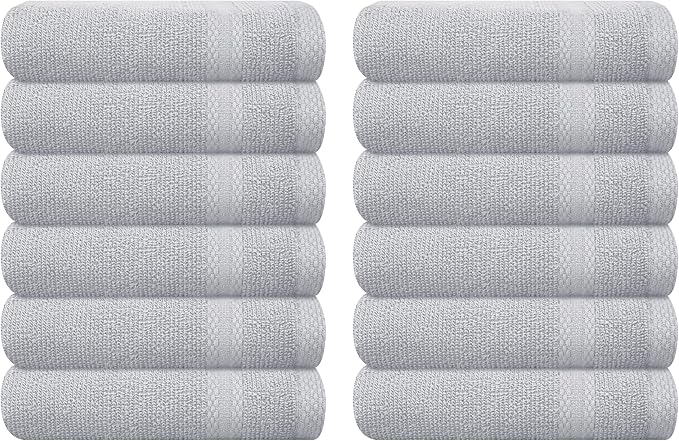 GLAMBURG Ultra Soft 12-Piece Washcloths Set 13x13-100% Ringspun Cotton - Durable & Highly Absorbent Face Towels - Ideal for use in Bathroom, Kitchen, Gym, Spa & General Cleaning - Light Grey