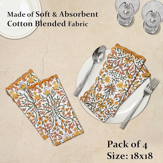 Ridhi Hand Block Print Goldenrod Yellow 18" x 18" (Set of 4) Embroidery Table Napkins Reusable Cotton Dinner Napkins for Weddings, Parties, Everyday Dining Gift for Spring, Easter, Valentine