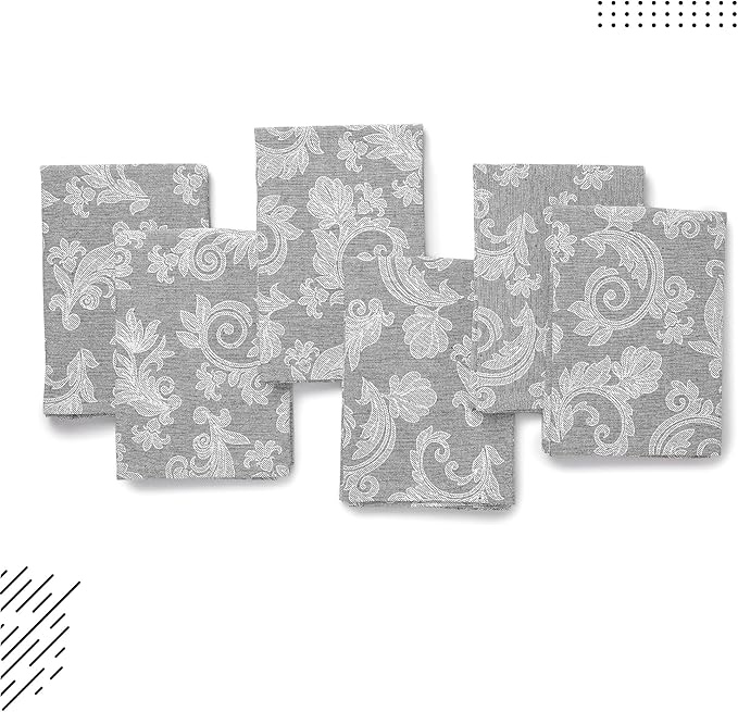 Encasa XO Grey Cloth Napkins Set of 12, 18x18 in | Floral Jacquard Homespun Cotton Dinner Napkins | Washable & Reusable Wedding Napkins for Holiday Dining, Parties, & Everyday Table Décor