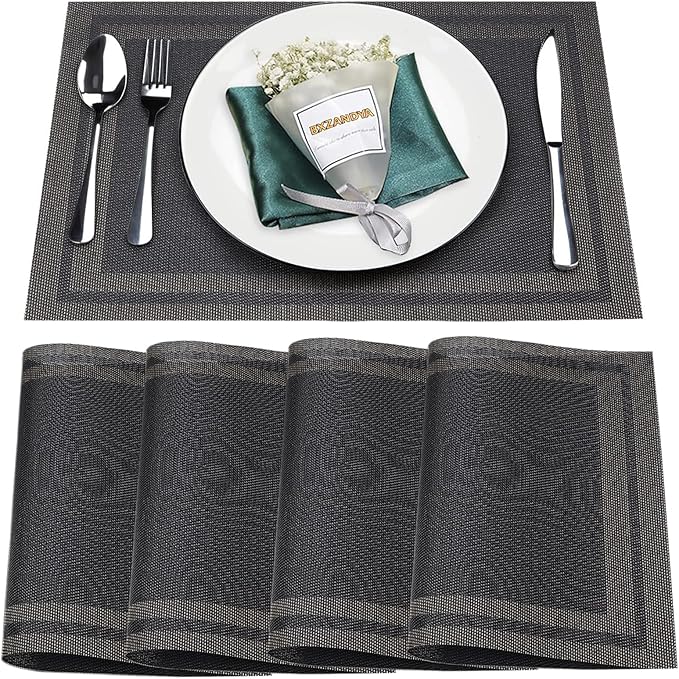Placemats Set of 4,Washable,Heat and Stain Resistant Indoor/Outdoor Place mats,Vinyl Woven Non Slip Table Mats for Restaurant Table Protection,PVC Placemats(Black Gold,4PCS)