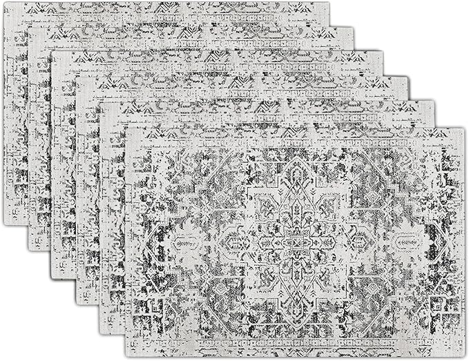 Gray Black Boho Placemats Set of 6 Ethnic Bohemian Carpet Place Mats Washable Kitchen Dining Vintage Grey Geography Floral Linen Table Mats Stain Heat-Resistant Cloth Tabel for Home Party 12x18 in