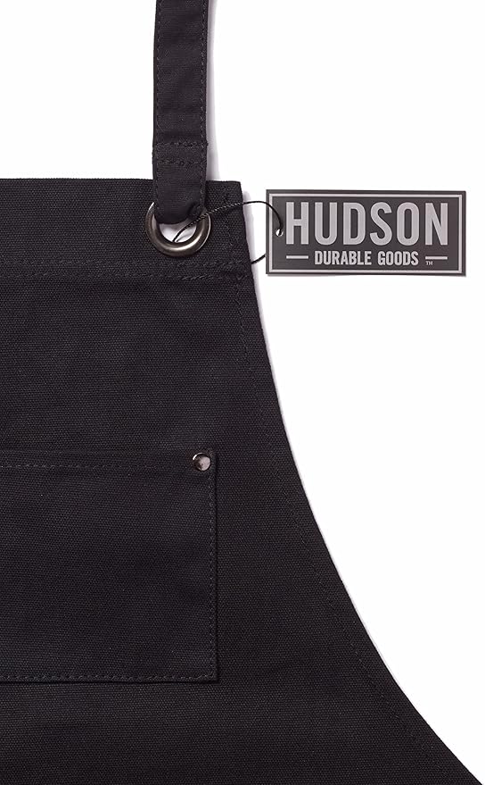 Hudson Durable Goods Heavy Duty Waxed Canvas Apron for Men and Women, Adjustable Crossback Work Apron with Tool Pockets, Water-Resistant - Fits up to XXL, Black