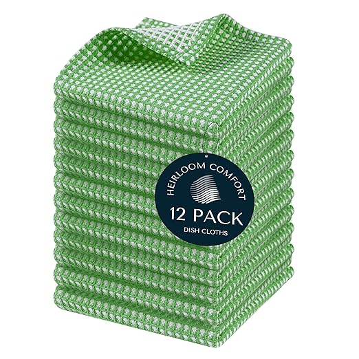 12 Pack Dual Tone Waffle Weave Dish Cloth, 12x12 Inches, 100% Cotton Dishcloth Set, Super Absorbent, Quick Drying, Soft Hand Towels for Cleaning, Washing, Durable, Mint Green