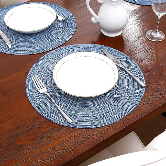 SHACOS Round Braided Placemats Set of 8 Circle Place Mats Cotton Polyester Kitchen Table Mats for Dining Table Wedding Party Decor (Blue Gray, 8)
