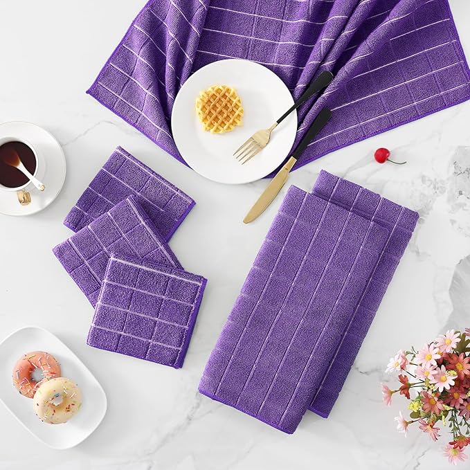 Homaxy Microfiber Kitchen Towels and Dishcloths Set, 20 Pack Soft and Absorbent Dish Hand Towels Bulk, 28 x 16 Inch & 12 x 12 Inch Quick Drying Rags for Washing Dishes, Purple