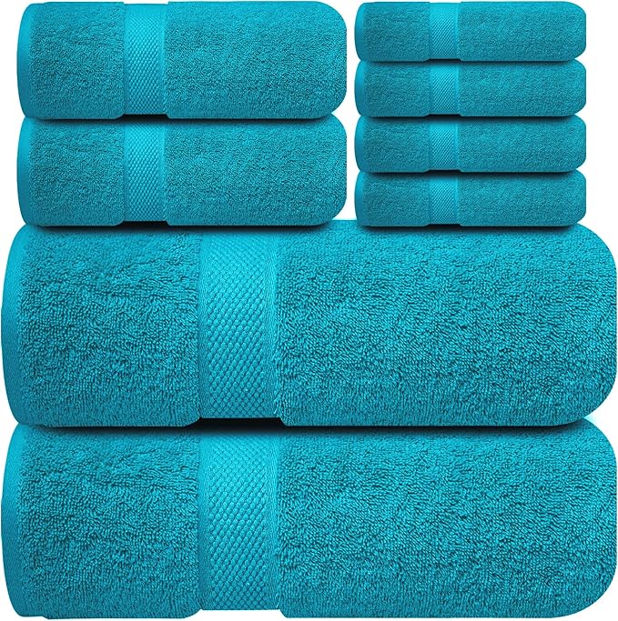 Infinitee Xclusives Luxury 100% Cotton Towel Set – 8 Piece Bathroom Towel Set (2 Bath Towels, 2 Hand Towels, 4 Washcloths) – Soft & Absorbent Towels for Bathroom (Serene Teal)