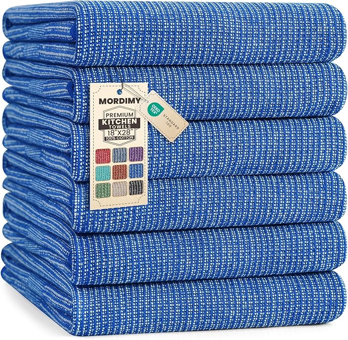 Mordimy Premium Kitchen Towels 6 Pack (18 x 28 Inches, Blueberry), Large Cotton Kitchen Hand Towel, Flat & Terry Dish Towels for Drying Dishes, Super Absorbent Tea Dishtowels Set with Hanging Loop