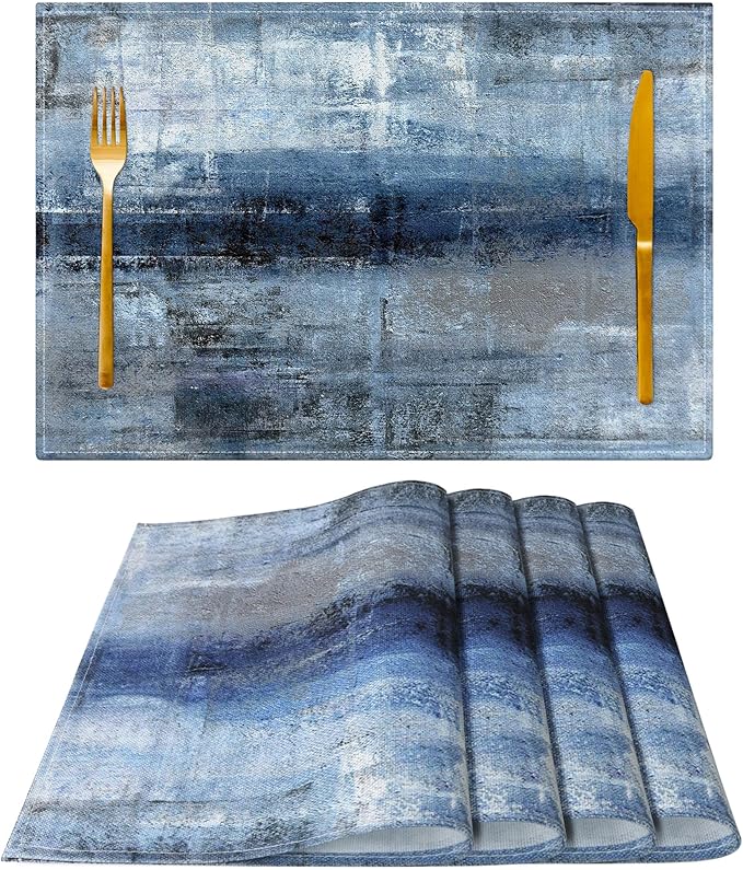 Blue and Gray Placemats Washable, Linen Rectangular Place Mats Set of 4, Dining Table Decor for Living Room, Kitchen, Farmhouse and Outdoor (Blue Gray, 12x18 Inch)