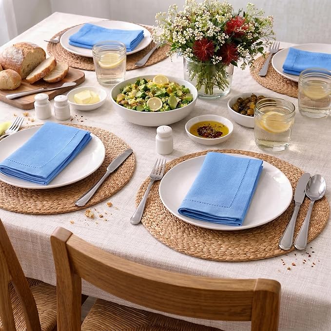 Palisa Light Blue Cotton Napkins Set of 12 | Premium Hemstitch Detailing Cloth Dinner Napkins 18x18 Inch | Soft Washable & Reusable Table Napkins for Everyday Use Weddings Restaurants & Hotels