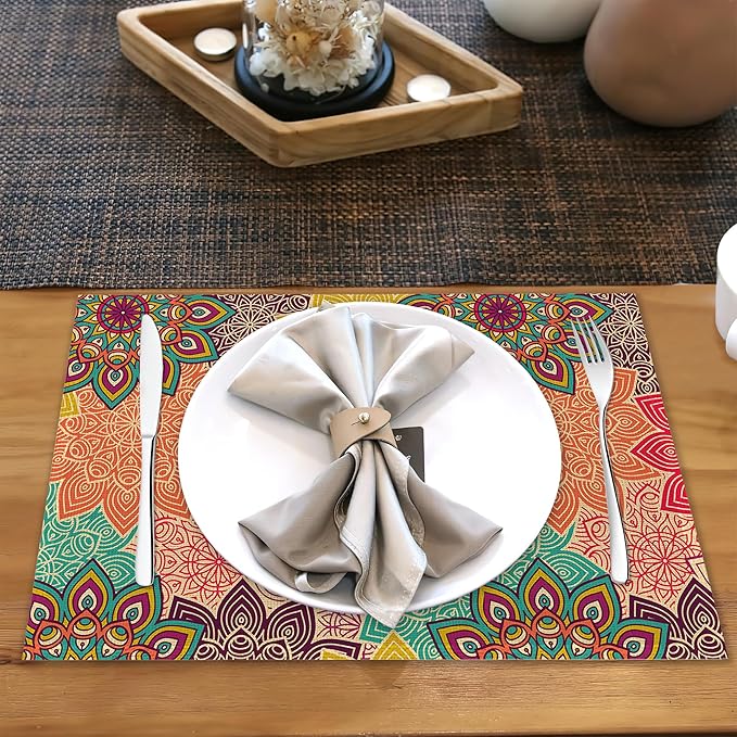 Boho Mandela Linen Placemats Set of 6,12x18 Inch Vintage Ethnic Floral Washable Table Mats Heat Resistant Place Mats for Home Party Kitchen Dining Decoration