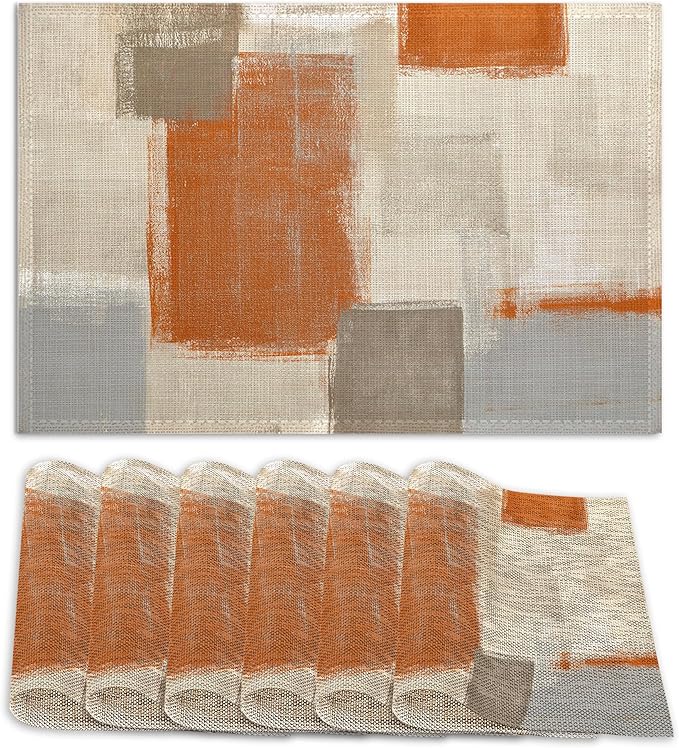 Orange and Grey Placemats Set of 6 Linen Washable, Heat-Resistant 12x18 Inch Abstract Art PaintingTable Place Mats for Kitchen Dining for Home Party Holidays