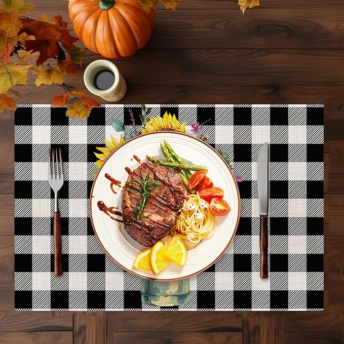 Summer Sunflower Placemats Set of 6,Washable Heat Resistant 12×18 Inch Linen Table Mats Plaid Place Mats for Party Outdoor Dining Decor