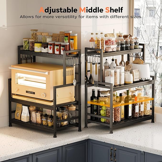 23.6"W Large Kitchen Countertop Organizer, 3 Tier Spice Rack Organizer with Adjustable Shelf and 10 Hooks, Wooden Counter Organizer, Countertop Shelf Microwave Stand for Kitchen, Coffee Bar, Black