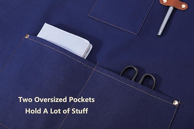 AFUN Chef Aprons for Women Men with Oversized Pockets, 12-Ounce Cotton Canvas Cross Back Water Repellent Apron (Dark Blue)