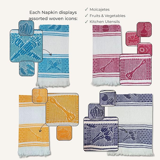Jacq & Jürgen – Set of 6 Multicolor Cotton Cloth Napkins – 22"x18" – Dinner Table Linens or Tortilla Warmer Cloths - 100% Cotton - Premium Materials (6MexicanKitchenWhite)