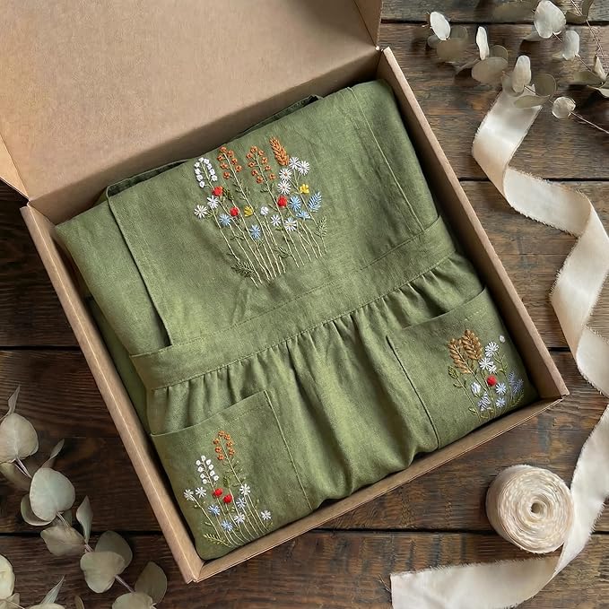 +Linen Embroidered +Apron For +Women With +Pockets, Cute Kitchen Apron, +Cooking +Baking Gifts For Her