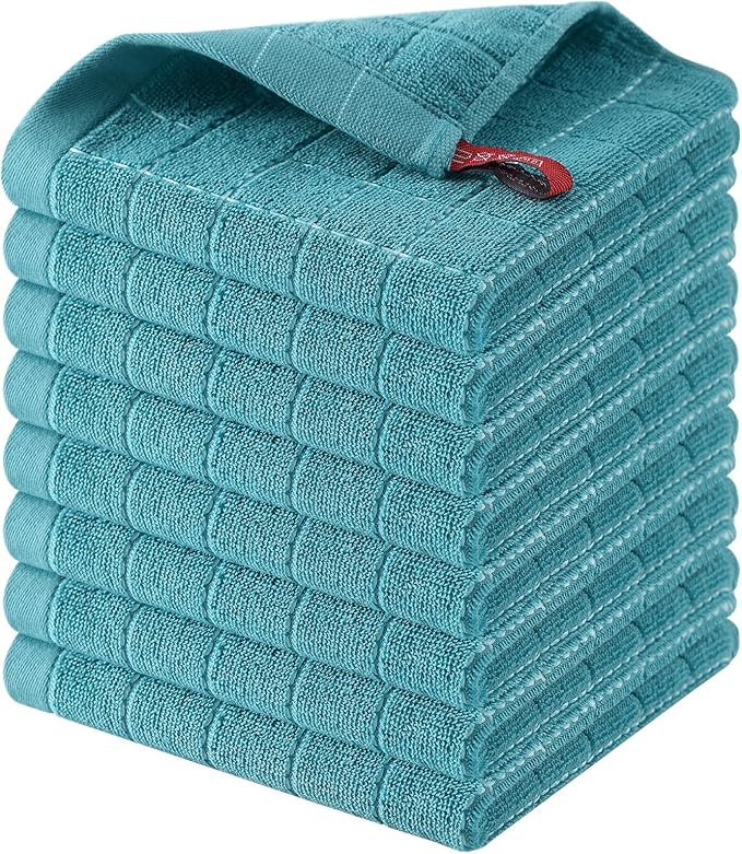 Homaxy 100% Cotton Terry Kitchen Dish Cloths, Ultra Soft and Absorbent Dish Towels for Kitchen, Suitable for Drying and Washing Dishes, 8 Pack, 12 x 12 Inches, Lake Blue