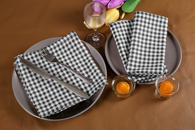 Native Fab Gingham Mini Check Cloth Napkins, Set of 12, 16x16 inches, 100% Cotton, Set of 12, Washable Soft Breathable Absorbent, Black White