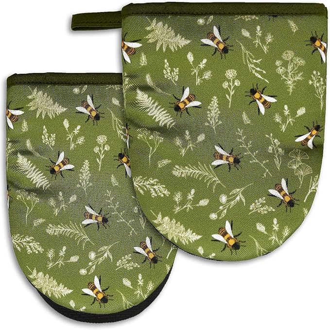 Honey Bees Mini Silicone Oven Mitts 2-Pack Set, Heat Slip Resistant Kitchen Gloves, Soft Oven Mittens for Baking & Cooking