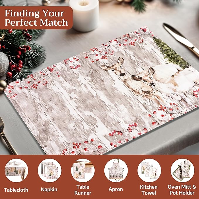 Maison d' Hermine Placemats Set of 4 100% Cotton Washable Cloth Place Mats, Reusable Table Mats for Thanksgiving Christmas Decorations Kitchen Dining Party Wedding (Mountain Life, 13" x 19")