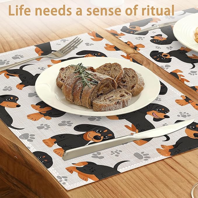 Dog Dachshund Placemats Set of 6, Grey Paws Waterproof Non-Slip Washable Table Mats for Kitchen Dining Holiday Party Wedding Decor 12x18 Inch