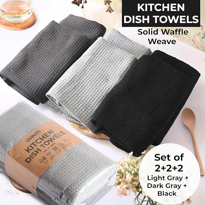 Highly Absorbent Cotton Dish Towels for Drying - Set of 2+2+2 - Light Gray + Dark Gray + Black Kitchen Towels - 18"X28" Lint Free Waffle Weave Cloth Linen Hand Bathroom Bulk Dishtowels