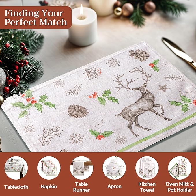 Maison d' Hermine Placemats Set of 4 100% Cotton Washable Cloth Place Mats, Reusable Table Mats for Thanksgiving Christmas Decorations Kitchen Dining Party Wedding (Christmas Dew, 13" x 19")