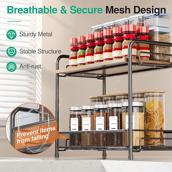 2 Pack Spice Rack Organizer for Countertop with Wood Top, 2-Tier Foldable Metal Rust-Proof Standing Large Seasoning Storage Shelf with Guardrail & Mesh Design for Kitchen Living Room, Black