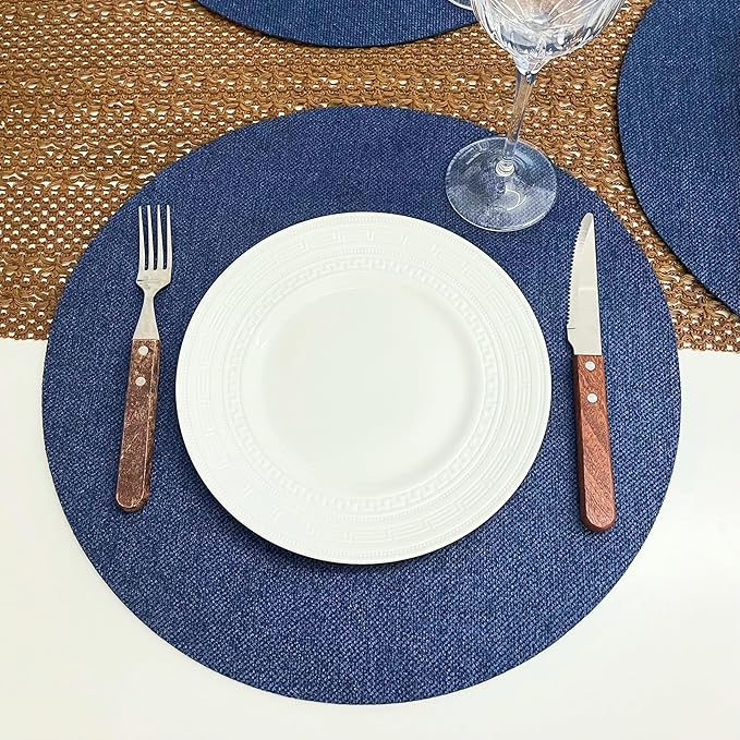 SLOW COW Linen Round Placemats for Dining Table Place Mats 15 inch Washable Set of 4 Dark Denim