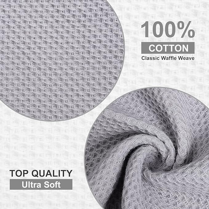 Kitinjoy 100% Cotton Kitchen Dish Cloths (12 X 12 Inches, Light Grey), 6 Pack Waffle Weave Ultra Soft Absorbent Dish Towels for Drying Dishes Quick Drying Kitchen Towels Dish Rags