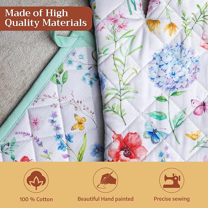 Maison d' Hermine 100% Cotton Oven Mitt & Pot Holder Set (7.5"x13" & 8"x8") Heat Resistant BBQ Cooking Gloves with Loop Baking Grilling Kitchen Gifts for Mothers Day Spring/Summer (Just Floral)