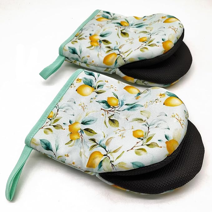 Lemon Oven Mitts, High Heat Resistant Kitchen Oven Gloves, Mini Silicone Oven Mitts, Non-Slip Grip Surfaces and Hanging Loop for Grilling, Baking, Cooking and Microwave, Gift
